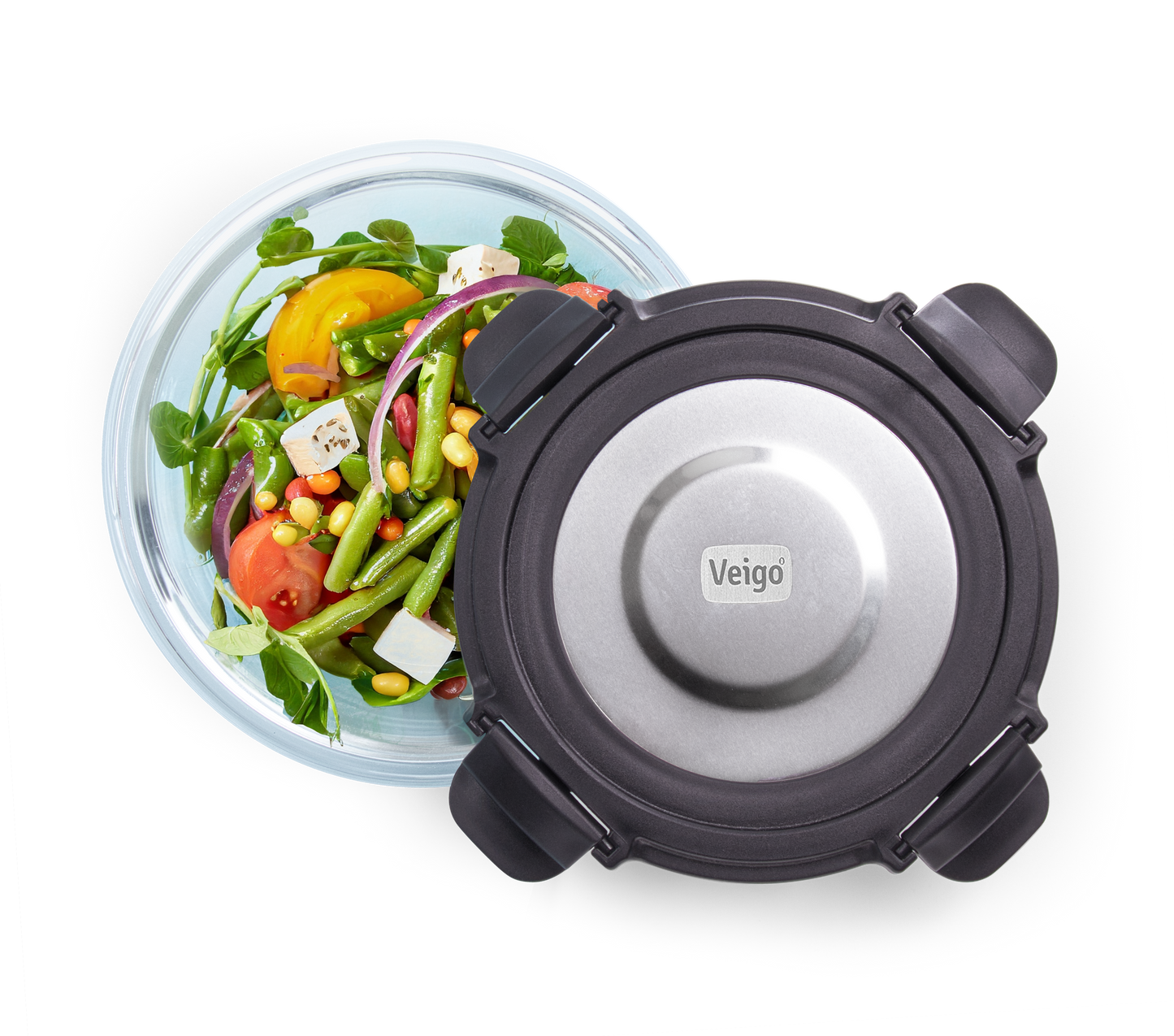 Veigo Pure and Sure | ROUND | Borosilicate Glass Container with Stainless Steel Lid