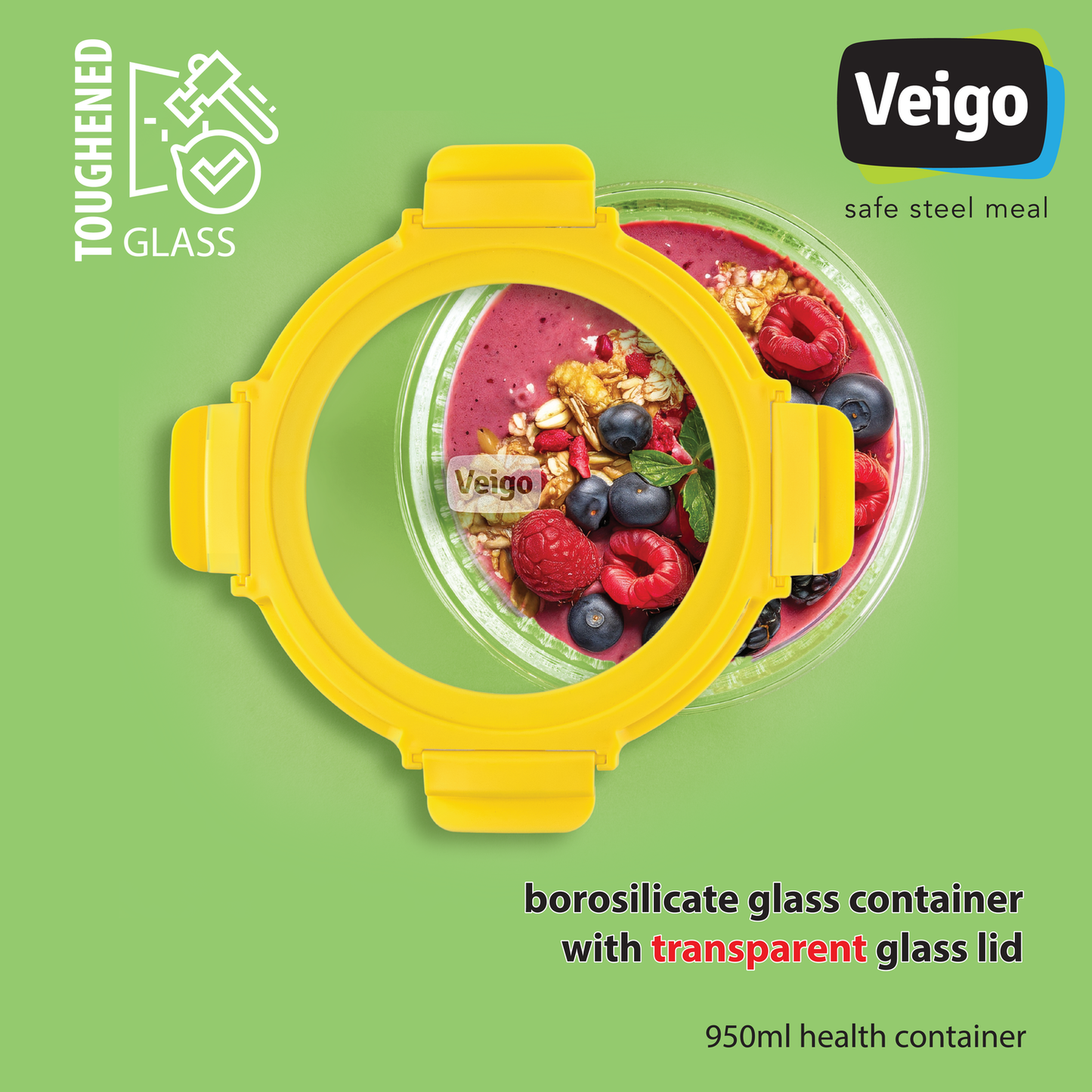 Veigo Borosilicate ROUND Glass Container w/ Tempered Glass Lid - Set of 4