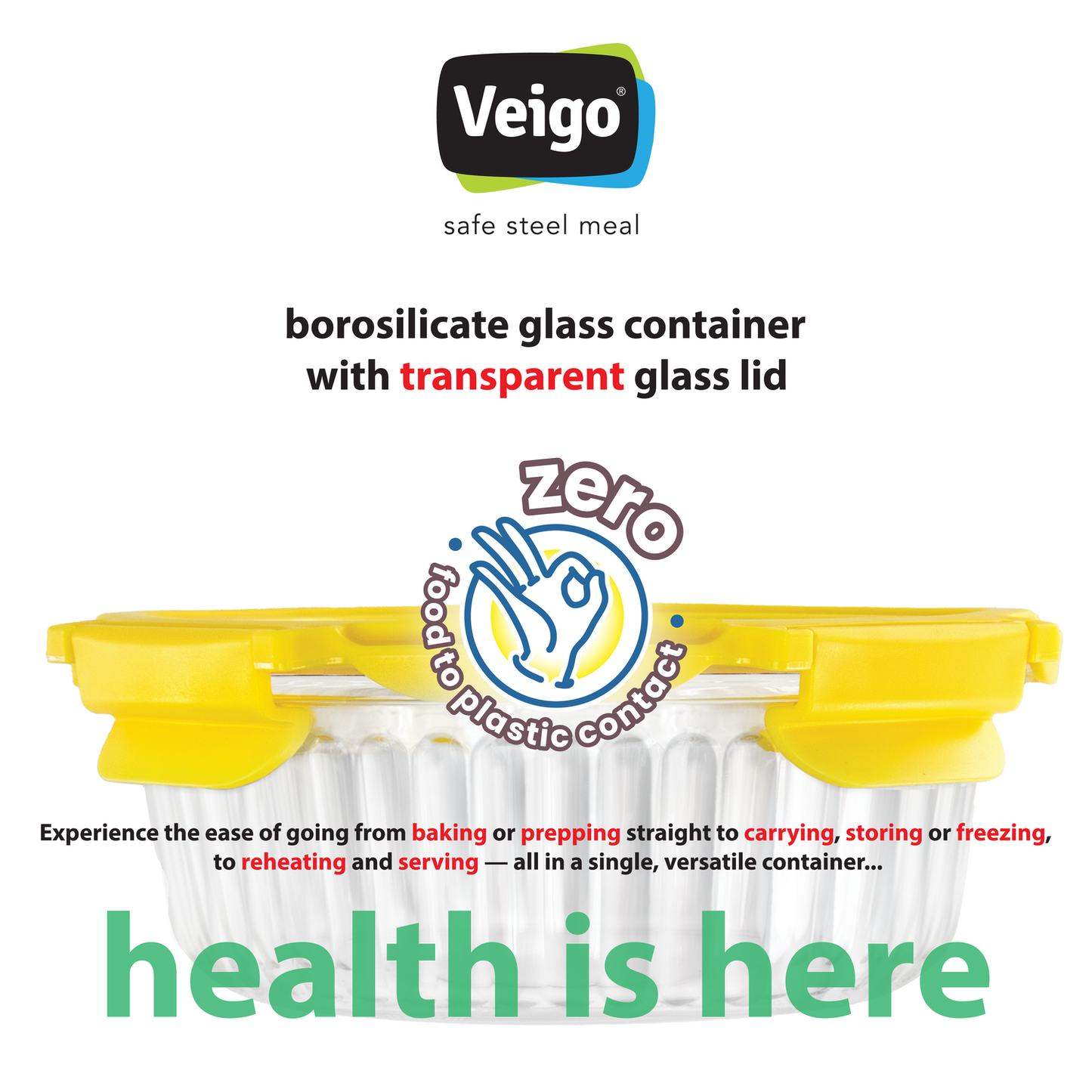 Veigo Borosilicate ROUND Glass Container w/ Tempered Glass Lid - Set of 4