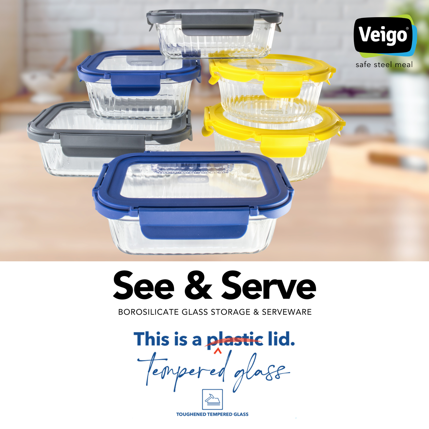 Veigo See & Serve |ROUND| Glass Container w/ Glass Lid